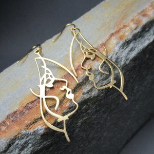 Dreaming Face Lady Earrings, Abstract Golden Brass